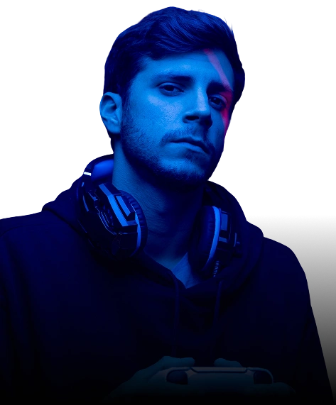 Een persoon met een koptelefoon en een donkere hoodie houdt een gamecontroller vast. Ze worden badend in blauw licht, wat een geconcentreerde en intense game-sfeer uitstraalt